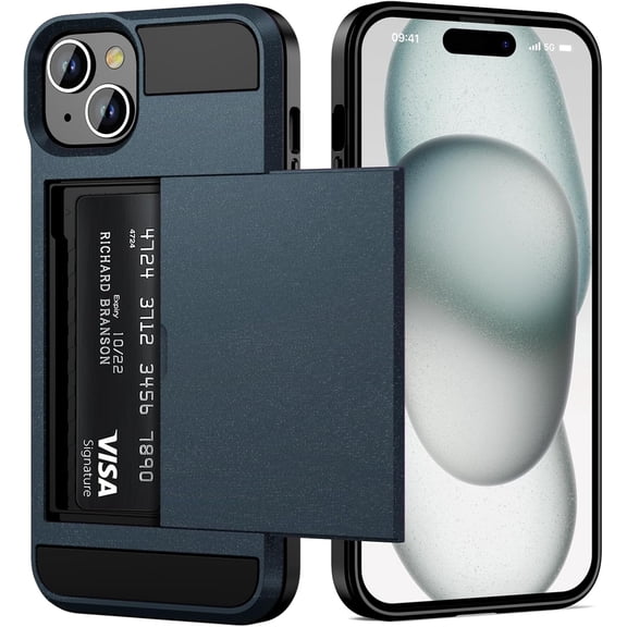 MKEUDQ-for iPhone 15 Case with Card Holder Dual Layer Heavy Duty Shockproof Hidden Sliding Card Slot Slim Wallet Phone Case for iPhone 15 for Women Men, 6.1 Inch Matte Navy