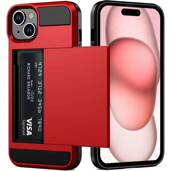 MKEUDQ-for iPhone 15 Case with Card Holder, Dual Layer Heavy Duty Shockproof Wallet Phone Case, Hidden Sliding Card Slot Protective Hard Back Shell Slim Case Cover for iPhone 15, 6.1 Inch Red
