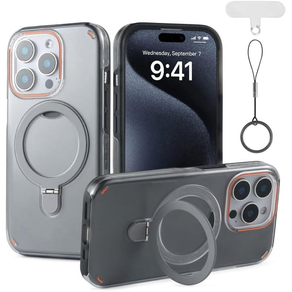 MKEUDQ-for iPhone 15 Pro Max Case with Adjustable Magnetic Stand, Two-in-one Phone Case, Compatible with Magsafe, Drop&Shockproof, Ring Lanyard and Pad Included, 6.7inch, Black