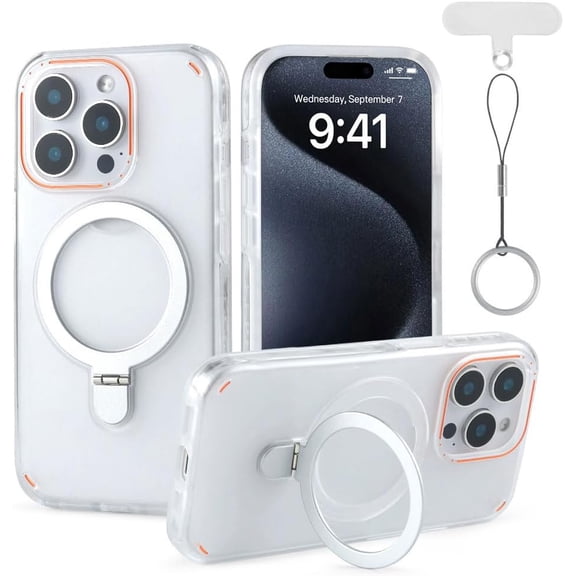 MKEUDQ-for iPhone 15 Pro Max Case with Adjustable Magnetic Stand, Two-in-one Phone Case, Compatible with Magsafe, Drop&Shockproof, Ring Lanyard and Pad Included, 6.7inch, White