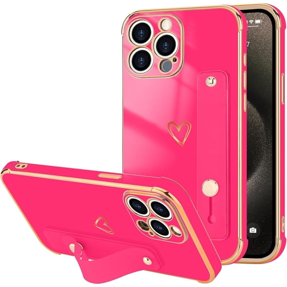 MKEUDQ-for iPhone 15 Pro Max Case for Women Girls, Bling Luxury Plated Bumper with Love-Heart Design, Adjustable Hand Strap Stand, Soft Shockproof Protection for iPhone 15 Pro Max - Hot Pink