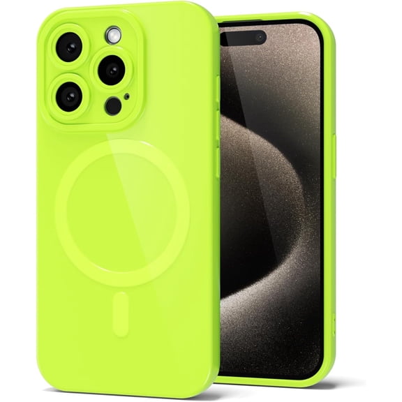 MKEUDQ-for iPhone 15 Pro Max Phone Case Silicone Magnetic, Compatible with Magsafe Case Cute for Women, Girly Bright Color Glossy Jelly Thin Slim Hard Mag Safe Rubber & Camera Cover, Neon Green Lime