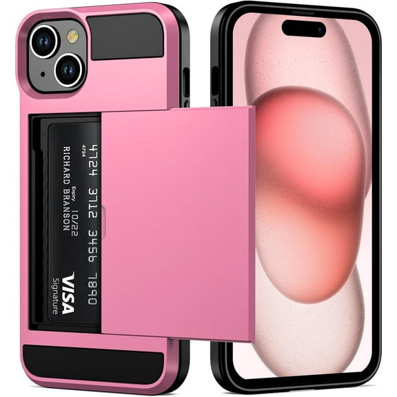 MKEUDQ-for with iPhone 15 Wallet Case with Card Holder, Dual Layer Shockproof Wallet Phone Case, Hidden Card Slot Sliding Protective Hard Back Cover Slim Case for Women, 6.1 Inch Pink