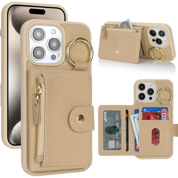 MKEUDQ-for iPhone 15 pro max Phone case Wallet with Card Holder,for iPhone 15 pro max Case Wallet with Zipper with Slot Kickstand Stand Case for Women and Man-Off-White