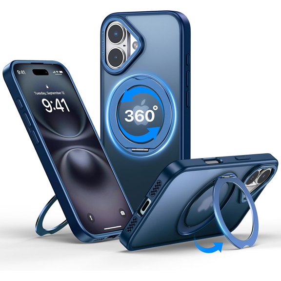 MKEUDQ-for iPhone 16 Case, 360 Rotatable Ring Stand, Raised Camera Frame, Shockproof Case Compatible with MagSafe, Case for iPhone 16, Translucent Blue