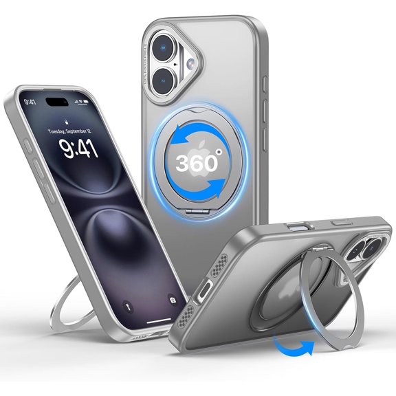 MKEUDQ-for iPhone 16 Case, 360 Rotatable Ring Stand, Raised Camera Frame, Shockproof Case Compatible with MagSafe, Case for iPhone 16, Translucent Gray