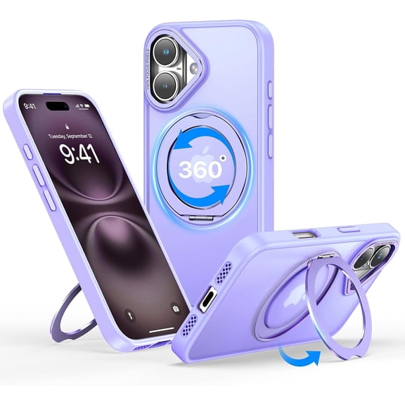 MKEUDQ-for iPhone 16 Case, 360 Rotatable Ring Stand, Raised Camera Frame, Shockproof Case Compatible with MagSafe, Case for iPhone 16, Translucent Lilac