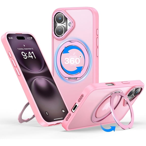 MKEUDQ-for iPhone 16 Case, 360 Rotatable Ring Stand, Raised Camera Frame, Shockproof Case Compatible with MagSafe, Case for iPhone 16, Translucent Pink