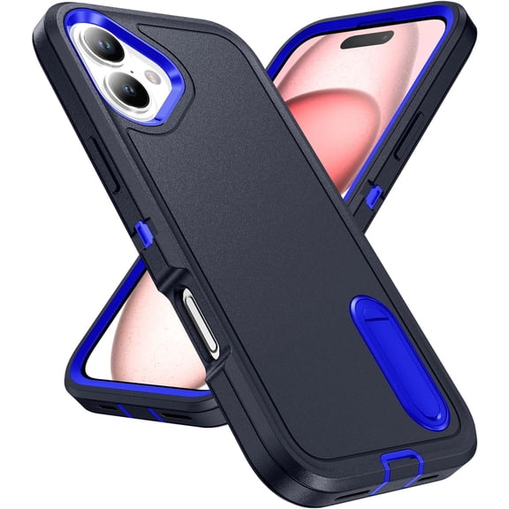 MKEUDQ-for iPhone 16 Case with Stand,Heavy Duty Protection Shockproof Anti-Scratch Slim Lightweight Protective Sturdy Case Hard Cover for iPhone 16 6.1 Inch,Blue/Sapphire Blue