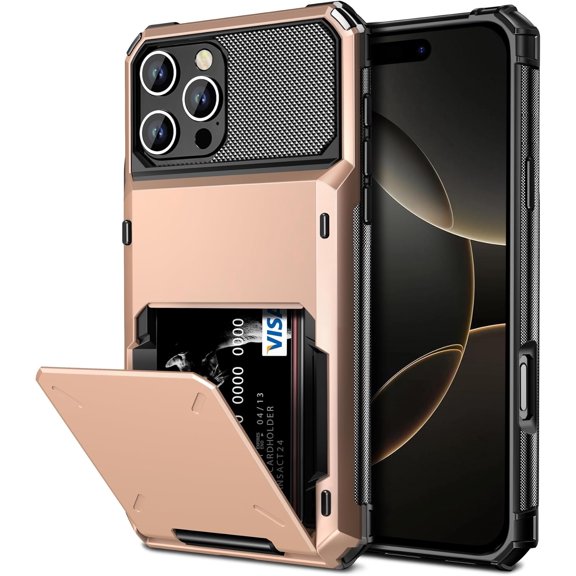 MKEUDQ-for iPhone 16 Pro Case with Card Holder Dual Layer Heavy Duty Drop Protection Hidden Flip 4-Card Slot Wallet Phone Case for iPhone 16 Pro for Women Men, 6.3 Inch Rose Gold
