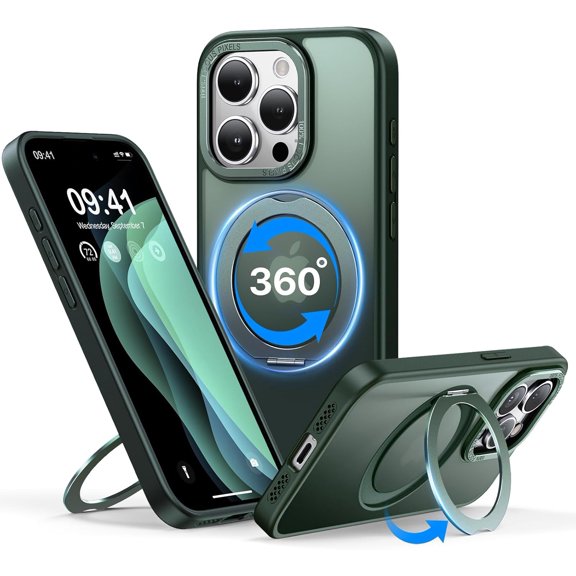 MKEUDQ-for iPhone 16 Pro Max Case, 360 Rotatable Ring Stand, Raised Camera Frame, Shockproof+ Compatible with magsafe, Case for iPhone 16 Pro Max, Dark Green
