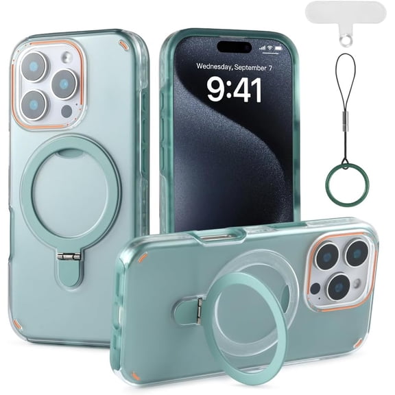 MKEUDQ-for iPhone 16 Pro Max Case with Adjustable Magnetic Stand, Two-in-one Phone Case, Compatible with Magsafe, Drop&Shockproof, Ring Lanyard and Pad Included, 6.9inch, Green