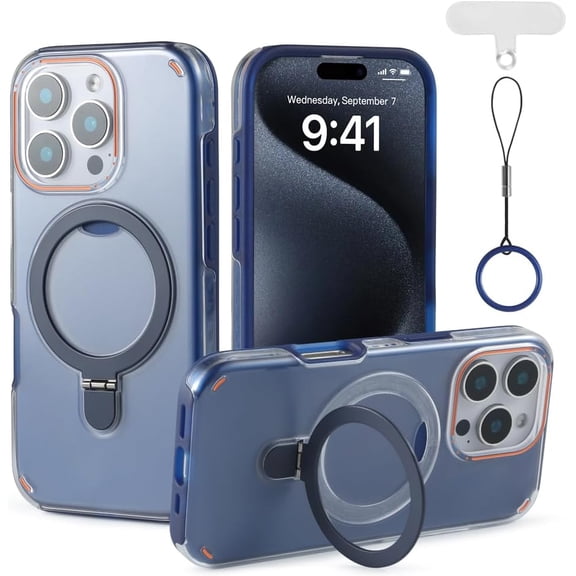 MKEUDQ-for iPhone 16 Pro Max Case with Adjustable Magnetic Stand, Two-in-one Phone Case, Compatible with Magsafe, Drop&Shockproof, Ring Lanyard and Pad Included, 6.9inch, Blue
