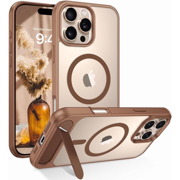 MKEUDQ-for iPhone 16 Pro Max Case with Stand, Magnetic Cases with Foldable Invisible Stand Translucent Matte Back Shockproof Kickstand Phone Case for iPhone 16 Pro Max 6.9", Desert Titanium
