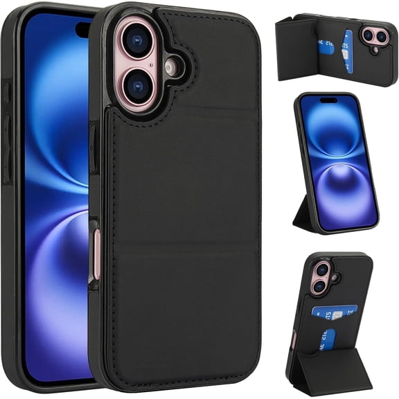MKEUDQ-for iPhone 16 Wallet Case 6.1" 2024 Release with Magnetic Closure Hidden Card Slot and Stand Function, PU Leather Shell Cover, Slim Thin Lightweight Protective Phone Case for Men Women, Black