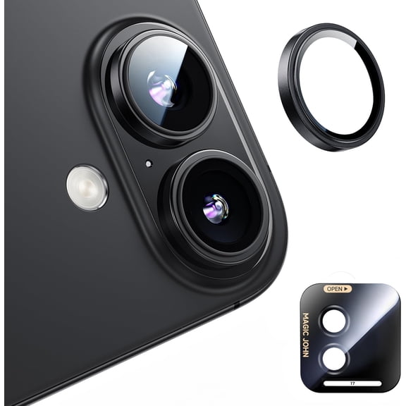MKEUDQ-for iPhone 17 Camera Lens Protector [Alignment Kit&1:1 Invisible Fit] 9H Aerospace Tempered Glass, Ultra HD, Metal Individual Ring, Set of 2,Black
