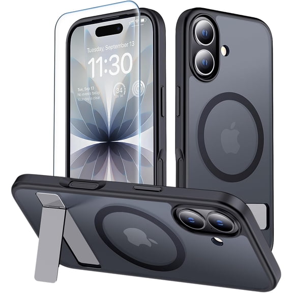 MKEUDQ-for iPhone 17 Case with Kickstand,[Compatible with MagSafe] [12FT Military Grade Protection] Slim Translucent Matte Shockproof Phone Case,6.3",Black