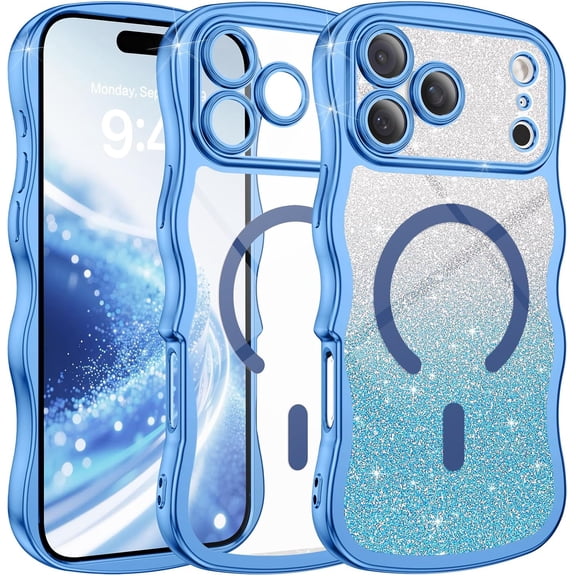 MKEUDQ-for iPhone 17 Pro Case Clear, [Compatible with MagSafe][Full Camera Protection][Cute Wave Frame][DIY Glitter Cardstock] Electroplated Wavy Shockproof 17Pro Phone Case 6.3", Sky Blue