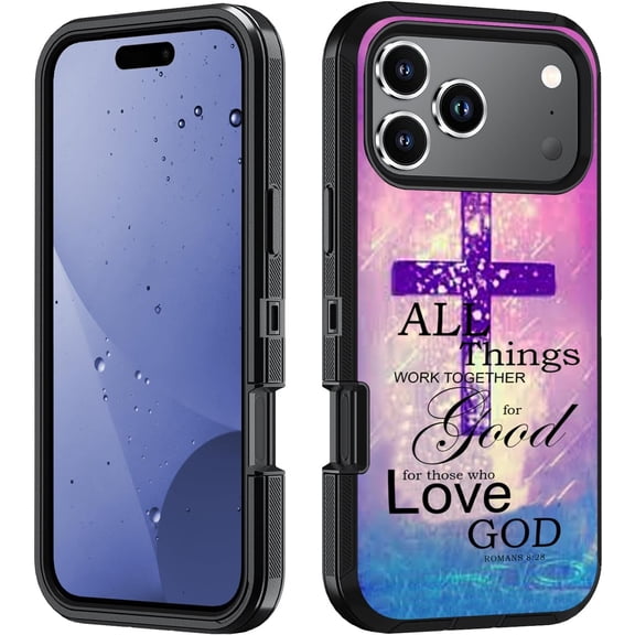 MKEUDQ-for iPhone 17 Pro Case, Heavy Duty 3 in 1 Hybrid Hard PC & Soft Silicone [Military Grade] Shockproof Drop Protection Case for iPhone 17 Pro (6.3" 2025), Quotes Bible Verse Romans 8:28