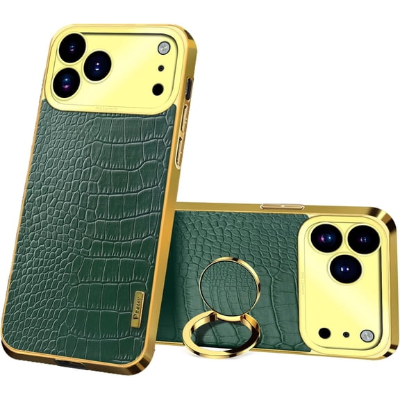 MKEUDQ-for iPhone 17 Pro Ring Holder Case Luxury Crocodile Cover Gold Edge 360 Degree Rotation Stand for Women Slim Leather Snake Lizard Skin Protective Cover case,Green