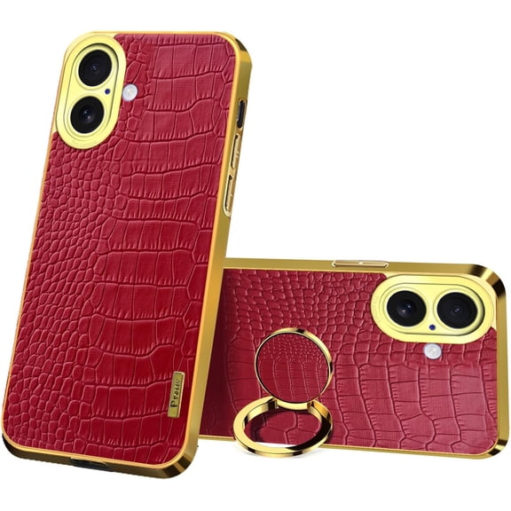 MKEUDQ-for iPhone 17 Ring Holder Case Luxury Crocodile Cover Gold Edge 360 Degree Rotation Stand for Women Slim Leather Snake Lizard Skin Protective Cover case,Red