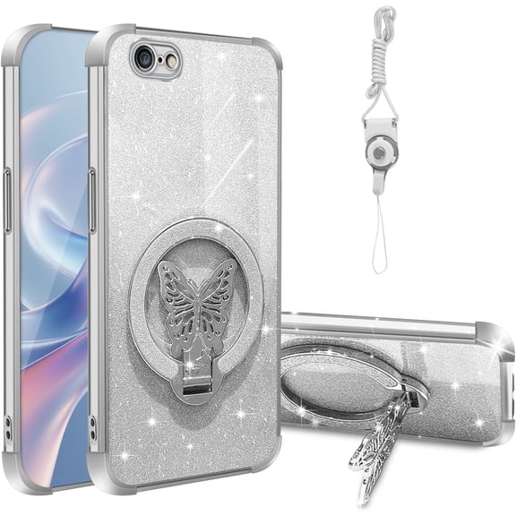MKEUDQ-for iPhone 6 Case with Stand, for iPhone 6 Phone Case with Wrist Strap Shockproof Protective Cover Bling Kickstand for Women Girls, Silver