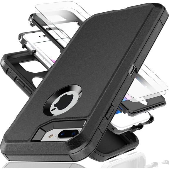 MKEUDQ-for iPhone 7 Plus Case,iPhone 8 Plus Case with Explosion-Proof Film[2 Pack],3 in 1 Shockproof TPU Hard PC Bumper Drop-Proof Shell for iPhone 7 Plus,iPhone 8 Plus,Black