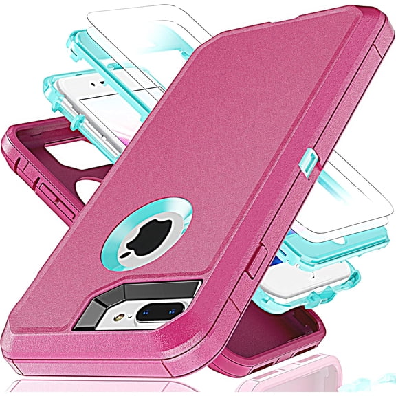 MKEUDQ-for iPhone 7 Plus Case,iPhone 8 Plus Case with Explosion-Proof Film[2 Pack],3 in 1 Shockproof TPU Hard PC Bumper Drop-Proof Shell for iPhone 7 Plus,iPhone 8 Plus,Pink/Sky Blue
