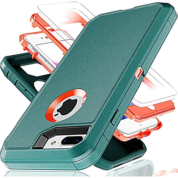 MKEUDQ-for iPhone 7 Plus Case,iPhone 8 Plus Case with Explosion-Proof Film[2 Pack],3 in 1 Shockproof TPU Hard PC Bumper Drop-Proof Shell for iPhone 7 Plus,iPhone 8 Plus,Lake Blue/Orange