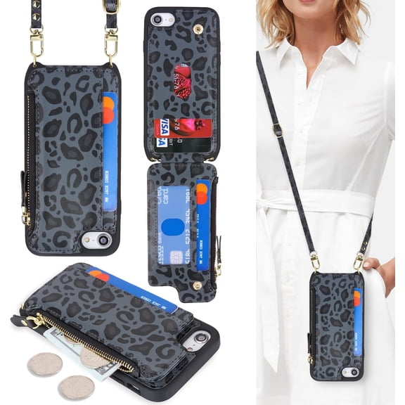 MKEUDQ-for iPhone 8 Plus Wallet Case with Card Holder for Women,for iPhone 7 Plus Case with Strap,Crossbody Lanyard and Wristlet Zipper Pocket Phone Cover-Leopard Black