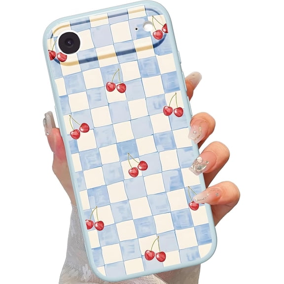 MKEUDQ-for iPhone Air 6.5'' Blue and White Gingham Phone Case, Cute Red Cherry TPU Checkered Bottom Shell Aesthetic Design Shockproof Protection Plaid Phone Cover Women Teen Girls