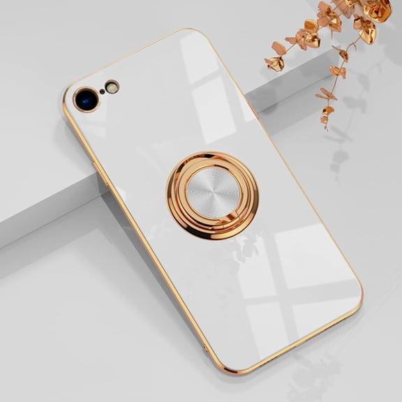 MKEUDQ-for iPhone SE 3/SE 2/iPhone 8/7 Ring Holder Case Shiny Plating Rose Gold Edge with 360 Degree Rotation Kickstand for Women Girls Slim Soft Flexible TPU Protective Cover Case, 4.7 Inch, White