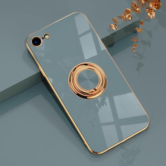 MKEUDQ-for iPhone SE 3/SE 2/iPhone 8/7 Ring Holder Case Shiny Plating Rose Gold Edge with 360 Degree Rotation Kickstand for Women Girls Slim Soft Flexible TPU Protective Cover Case, 4.7 Inch, Gray