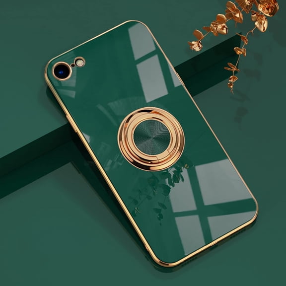 MKEUDQ-for iPhone SE 3/SE 2/iPhone 8/7 Ring Holder Case Shiny Plating Rose Gold Edge with 360 Degree Rotation Kickstand for Women Girls Slim Soft Flexible TPU Protective Cover Case, 4.7 Inch, Green