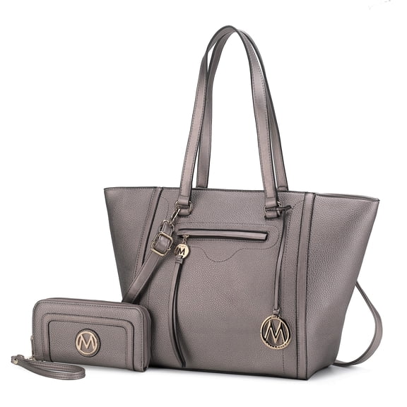 MKF Collection Alexandra Vegan Leather Women's Tote Handbag & Wallet 2-Piece Set by Mia K. - Pewter
