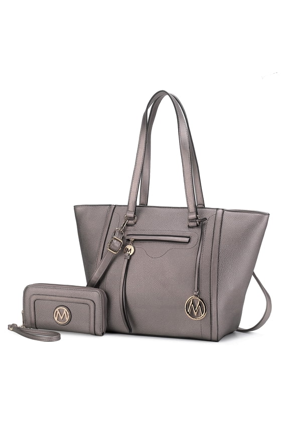 Alexandra Vegan Leather Women's Tote Handbag & Wallet 2-Piece Set by Mia K. - Pewter