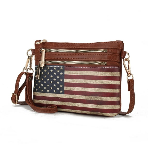 MKF Collection Alisson Womens Crossbody Bag Vegan Leather Wristlet Shoulder bag USA Flag Print handbags Brown Purse by Mia K