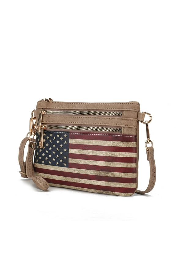 Alisson Womens Crossbody Bag Vegan Leather Wristlet Shoulder bag USA Flag Print handbags Dark Beige Purse by Mia K