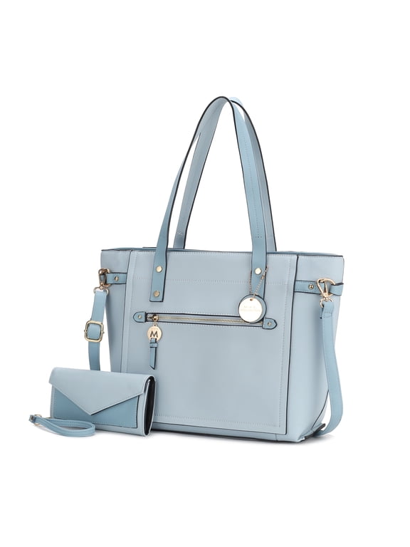 Andrys Vegan Leather Women's Tote Bag, Sleek Shoulder Purse Handbag & Wristlet Wallet 2 pcs by Mia K - Baby Blue