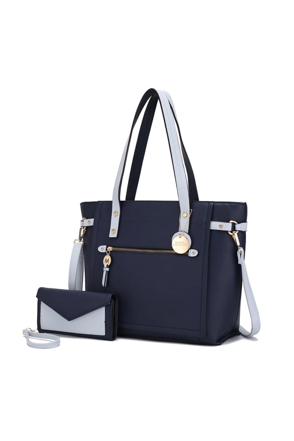 Andrys Vegan Leather Women's Tote Bag, Sleek Shoulder Purse Handbag & Wristlet Wallet 2 pcs by Mia K - Navy Light Blue