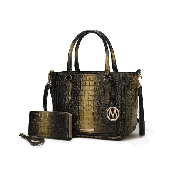 MKF Collection Aphelia Women's Satchel Bag with Wallet, Two-Tone Crocodile Vegan Leather 2pcs Handbag Set by Mia K - Gold