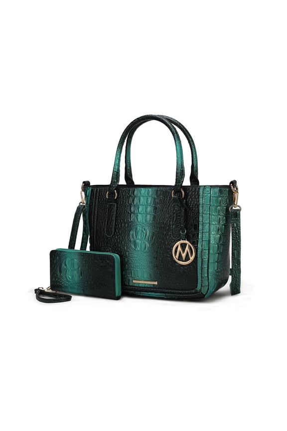 Aphelia Women's Satchel Bag with Wallet, Two-Tone Crocodile Vegan Leather 2pcs Handbag Set by Mia K - Green