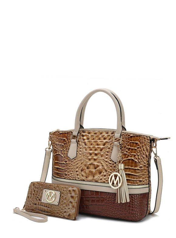 MKF Collection Autumn Crocodile-Embossed Vegan Leather Women's Tote Bag & Wristlet Wallet 2-Piece Set by Mia K. - Taupe