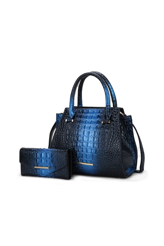 Bently Women's Tote Bag with Matching Wallet Croco Vegan Leather 2pcs Handbag Set by Mia K - Blue