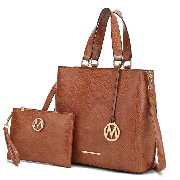 MKF Collection Beryl Snake-Embossed Vegan Leather Women's Tote Bag & Wristlet Wallet Pouch by Mia K. - Cognac