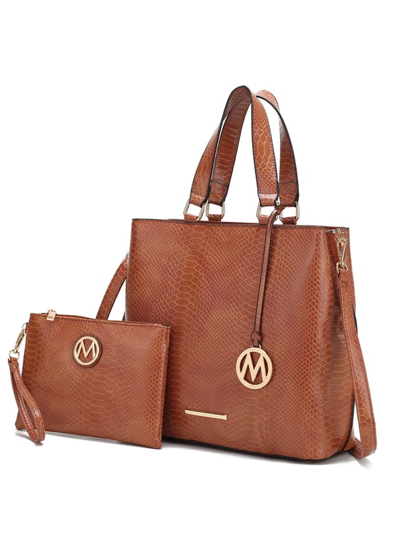 Beryl Snake-Embossed Vegan Leather Women's Tote Bag & Wristlet Wallet Pouch by Mia K. - Cognac