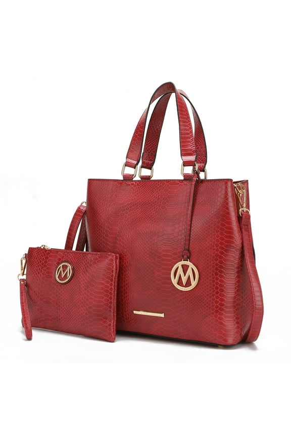 Beryl Snake-Embossed Vegan Leather Women's Tote Bag & Wristlet Wallet Pouch by Mia K. - Red