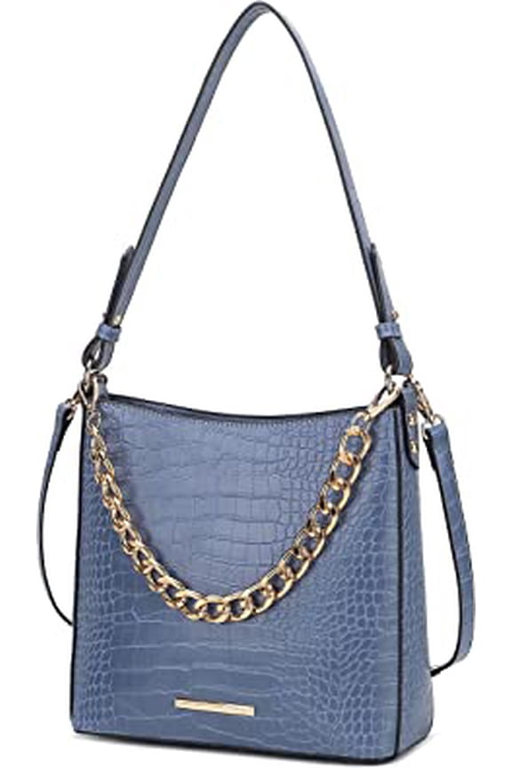 Bizzy Faux Crocodile-Embossed Vegan Leather Women’s Shoulder Bag, Crossbody Purse Handbag by Mia K - Denim