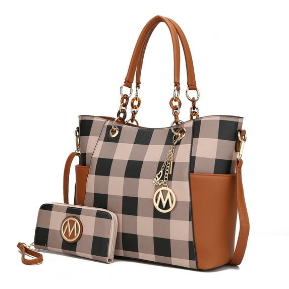 MKF Collection Bonita Checker Women's Tote Bag with Wristlet Wallet, Vegan Leather 2Pcs Shopper Handbag Set by Mia K . - Cognac