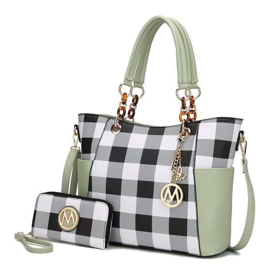 MKF Collection Bonita Checker Women's Tote Bag with Wristlet Wallet, Vegan Leather 2Pcs Shopper Handbag Set by Mia K - Mint